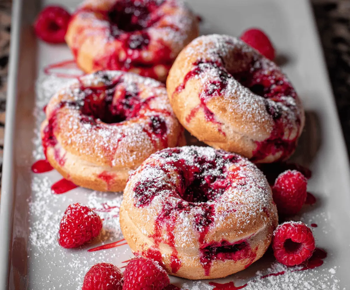 Freshly baked raspberry donuts topped with glaze and powdered sugar on a white plate, perfect for a sweet breakfast or snack.