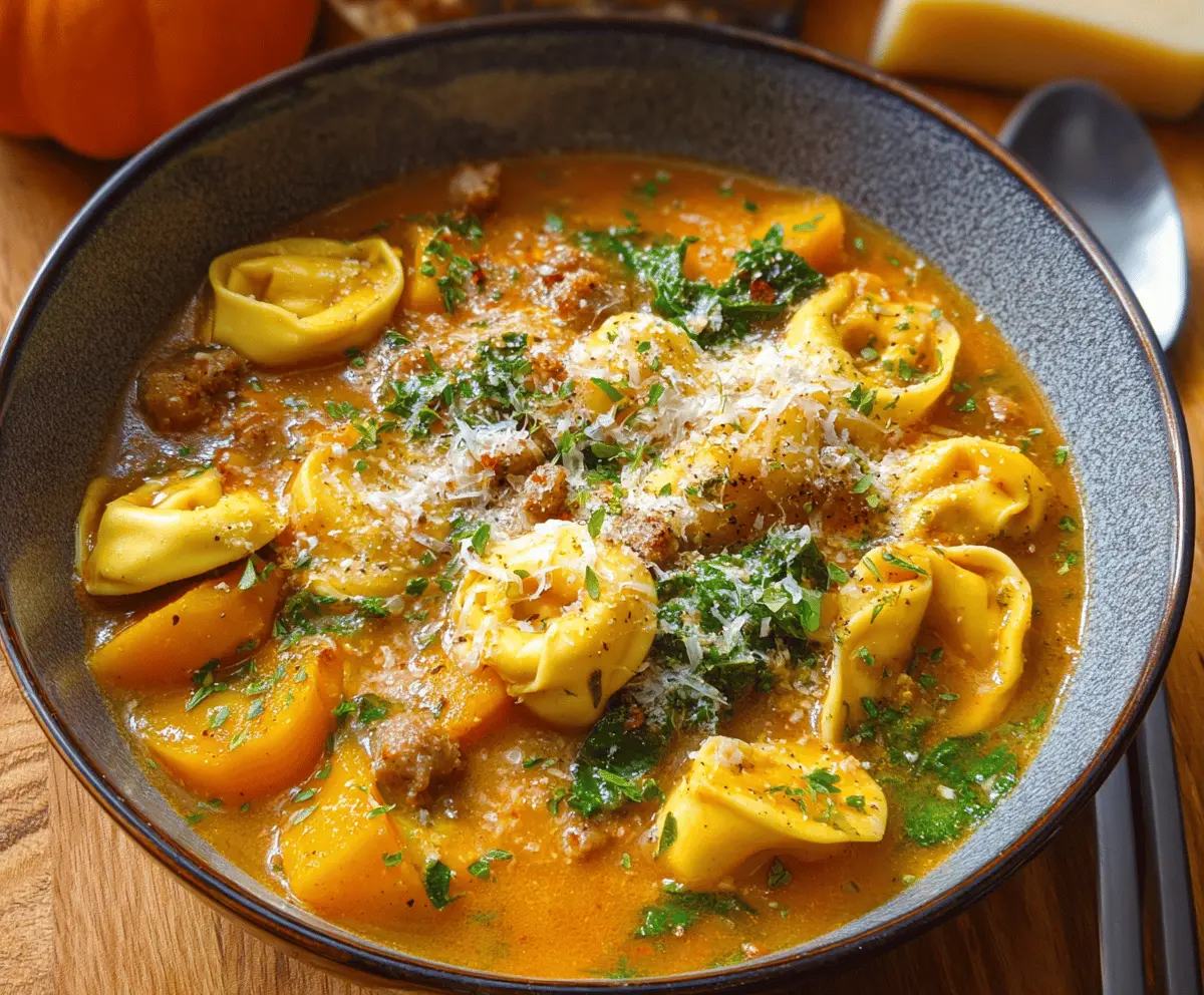 Creamy butternut squash, sausage, and tortellini soup in a bowl topped with fresh herbs and grated cheese