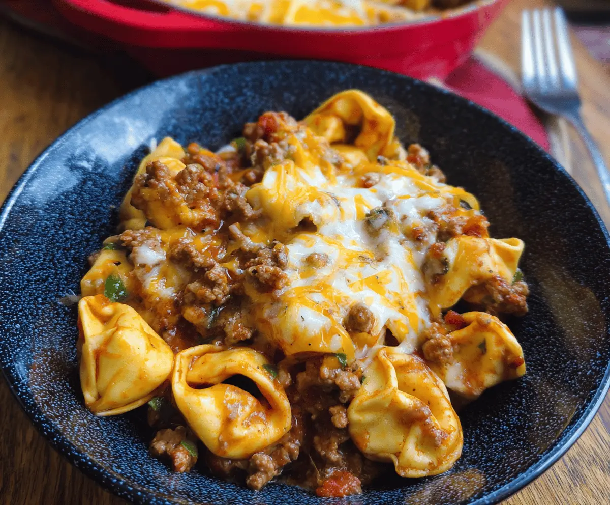 Delicious Cheesy Beef Tortellini with melted cheese and tender beef in a savory sauce.