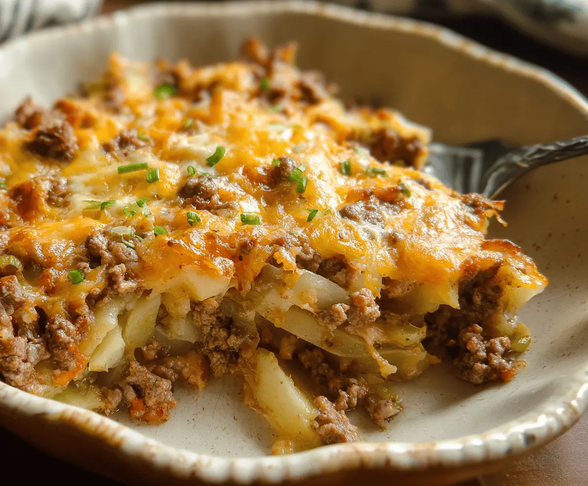 Delicious cheesy ground beef and potato casserole topped with melted cheese and fresh herbs.