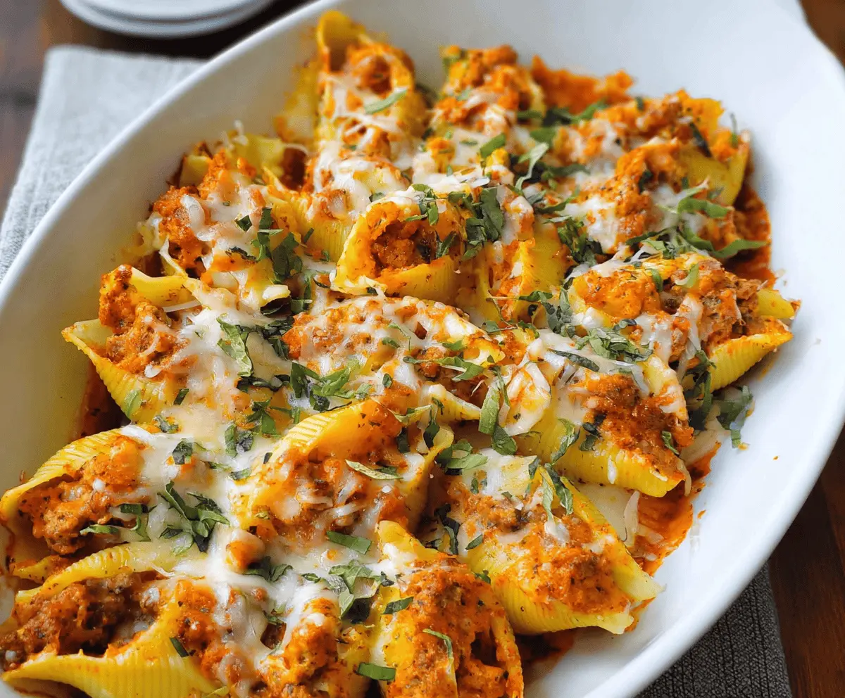 Delicious cheesy pumpkin and spicy sausage stuffed pasta shells topped with melted cheese and fresh herbs, perfect for fall comfort food