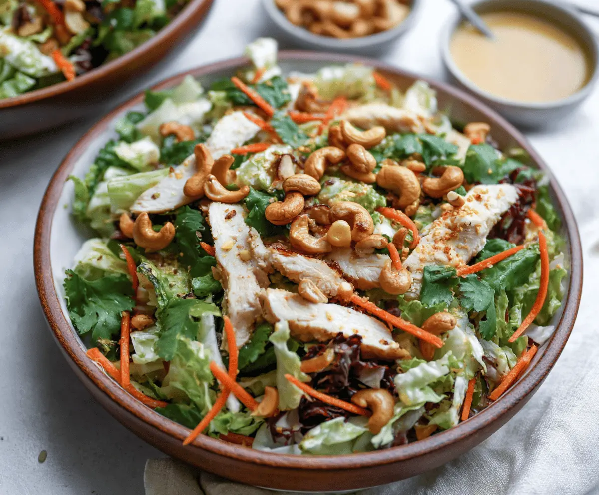 Fresh Chicken Cashew Crunch Salad with colorful vegetables and toasted cashews in a vibrant bowl, perfect for a healthy and satisfying meal