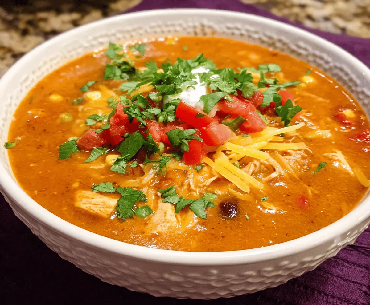 Delicious Chicken Enchilada Soup in a bowl with melted cheese, topped with cilantro and sliced jalapeños, ready to serve