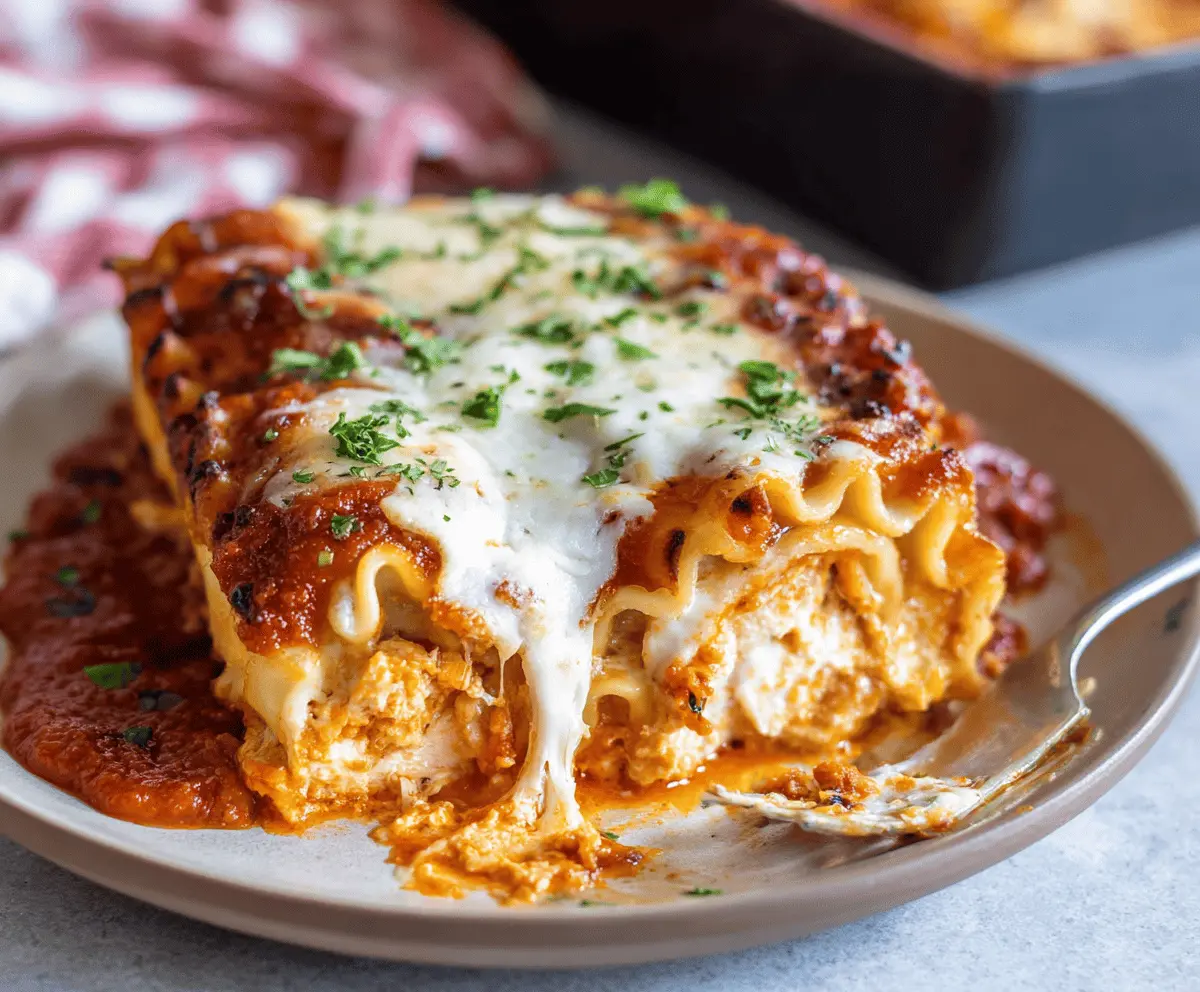 Creamy chicken lasagna roll-ups topped with melted cheese and fresh herbs, served on a plate