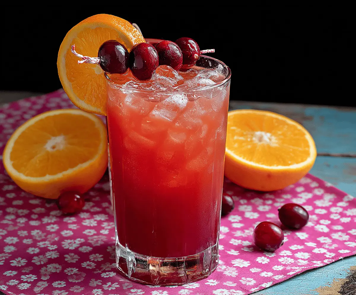 Refreshing homemade cranberry and orange juice served in a glass with fresh cranberries and orange slices, perfect for festive celebrations.
