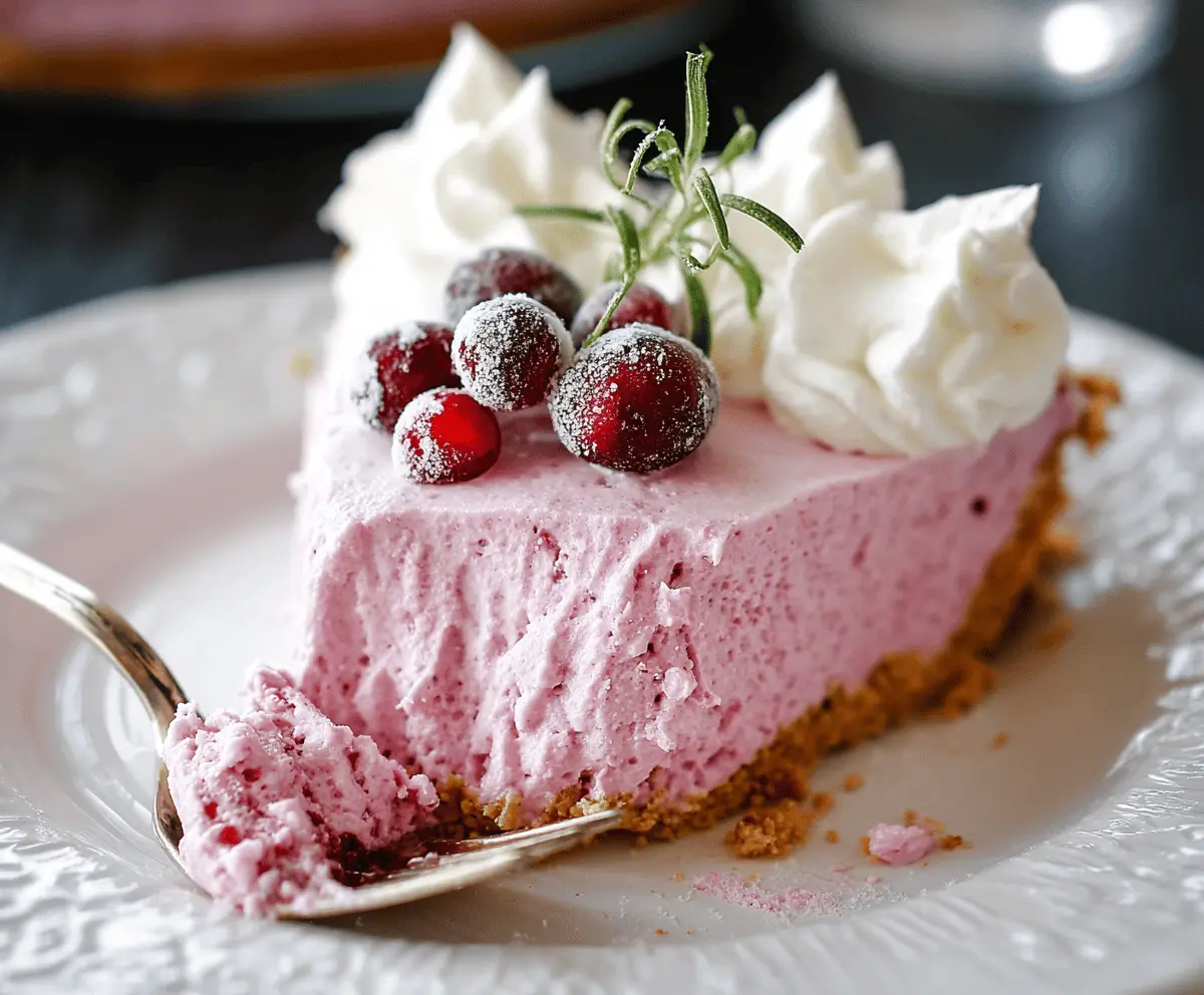 Creamy cranberry mousse pie topped with fresh cranberries and whipped cream, served on a graham cracker crust for a festive holiday dessert.
