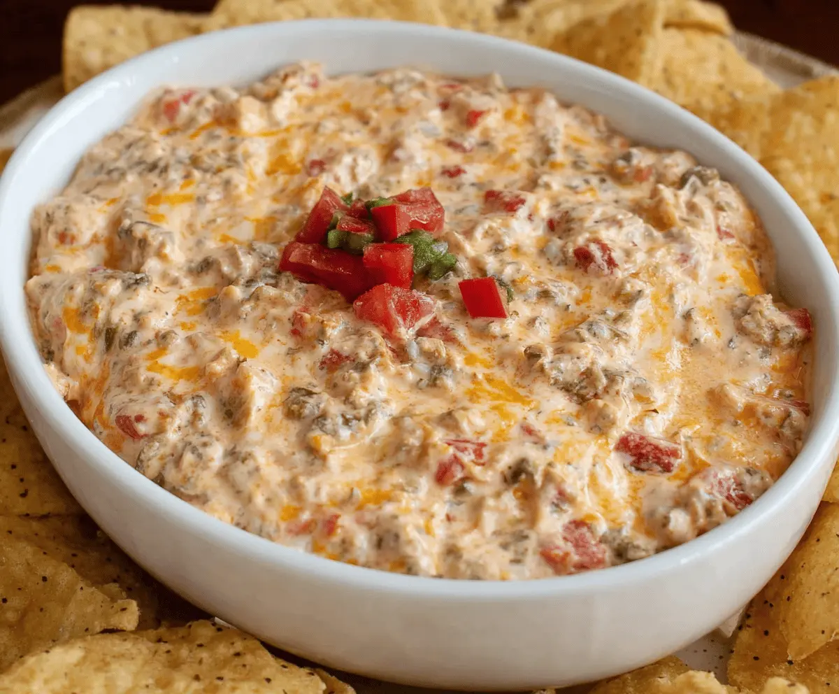 Cream Cheese Rotel Dip served in a bowl with tortilla chips, featuring creamy cheese and diced tomatoes with green chilies