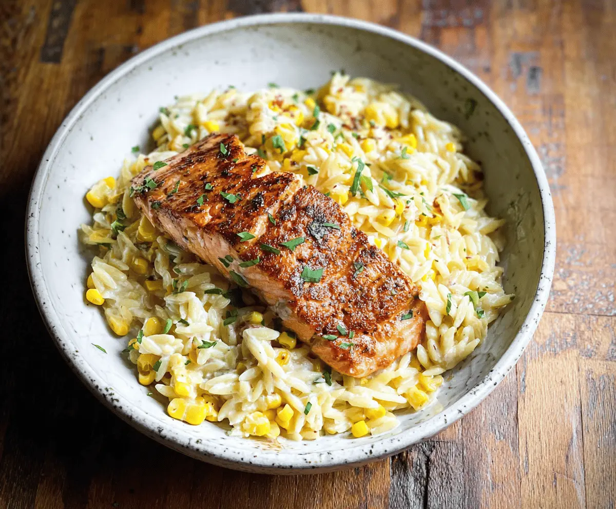 Creamed corn orzo pasta topped with grilled salmon fillet and fresh herbs, served on a white plate.