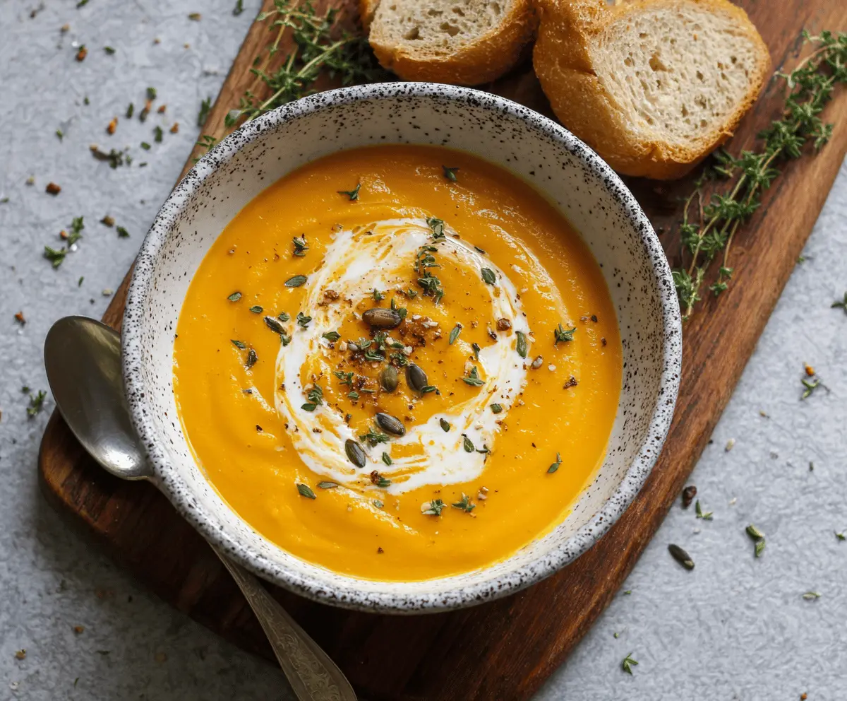 Creamy butternut squash soup served in a bowl garnished with fresh herbs, perfect for a warm and comforting fall meal.