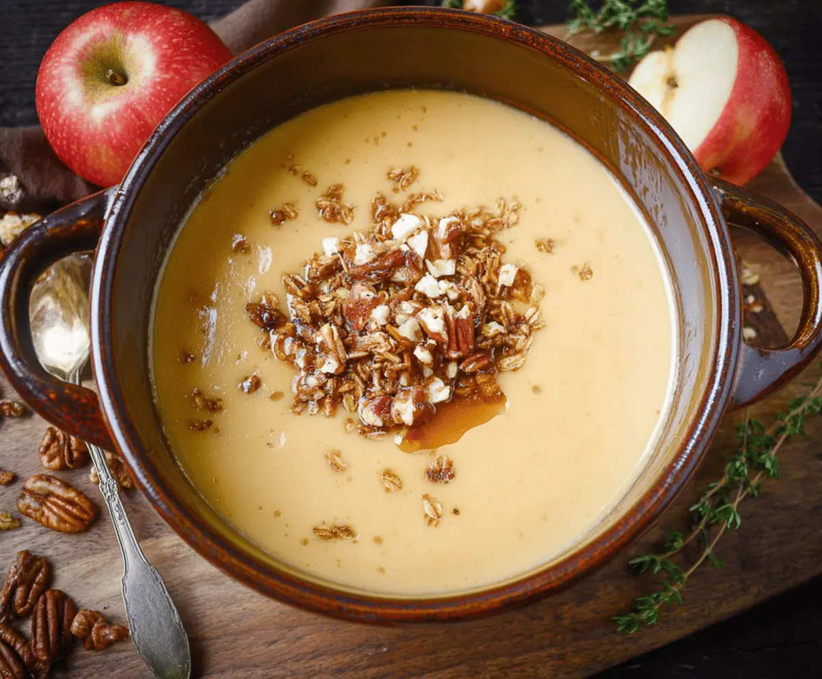 Creamy Maple Brie and Cheddar Apple Soup topped with Walnut-Oat Granola, featuring a rich, cheesy, and fruity flavor with crunchy granola garnish.