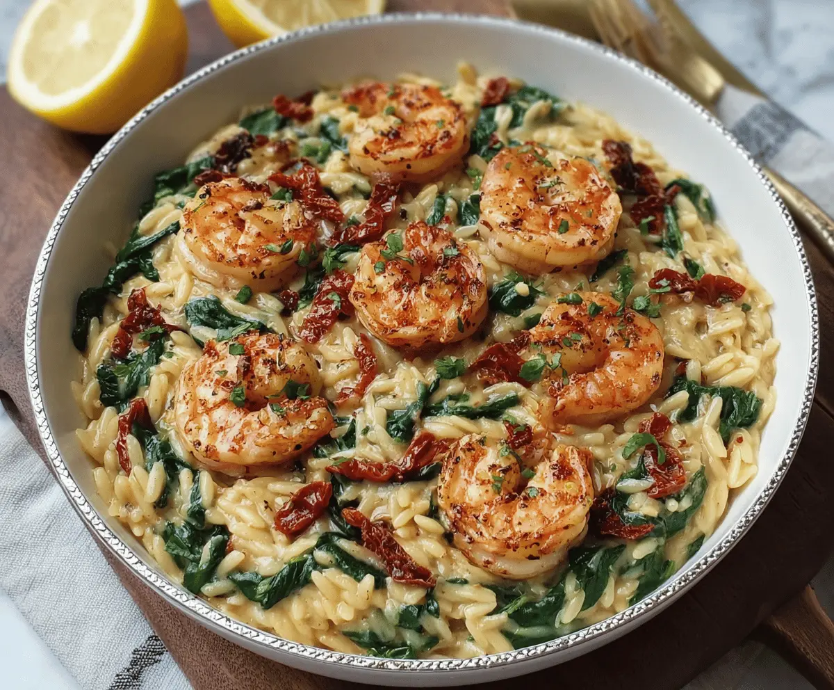 Creamy One-Pan Shrimp Orzo with Spinach and Sun-Dried Tomatoes