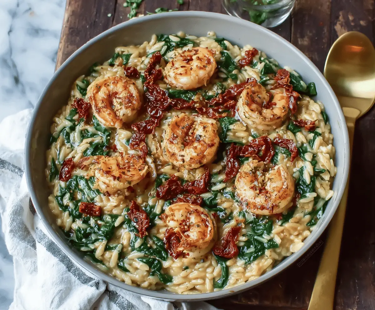 Creamy one-pan shrimp orzo pasta with fresh spinach and sun-dried tomatoes, perfect for a flavorful, quick dinner