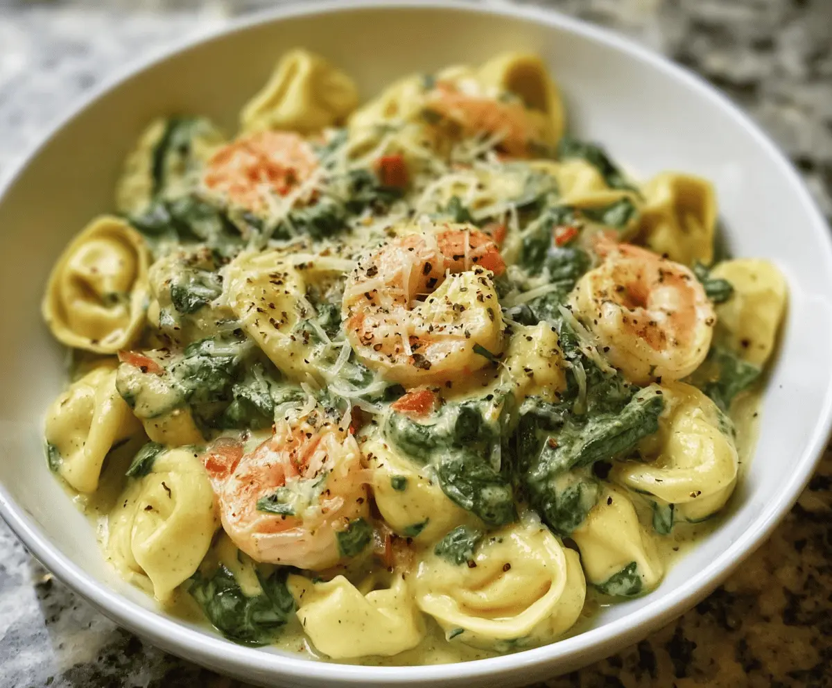Creamy shrimp and spinach tortellini dish featuring tender pasta, fresh spinach, and succulent shrimp in a rich, flavorful sauce.