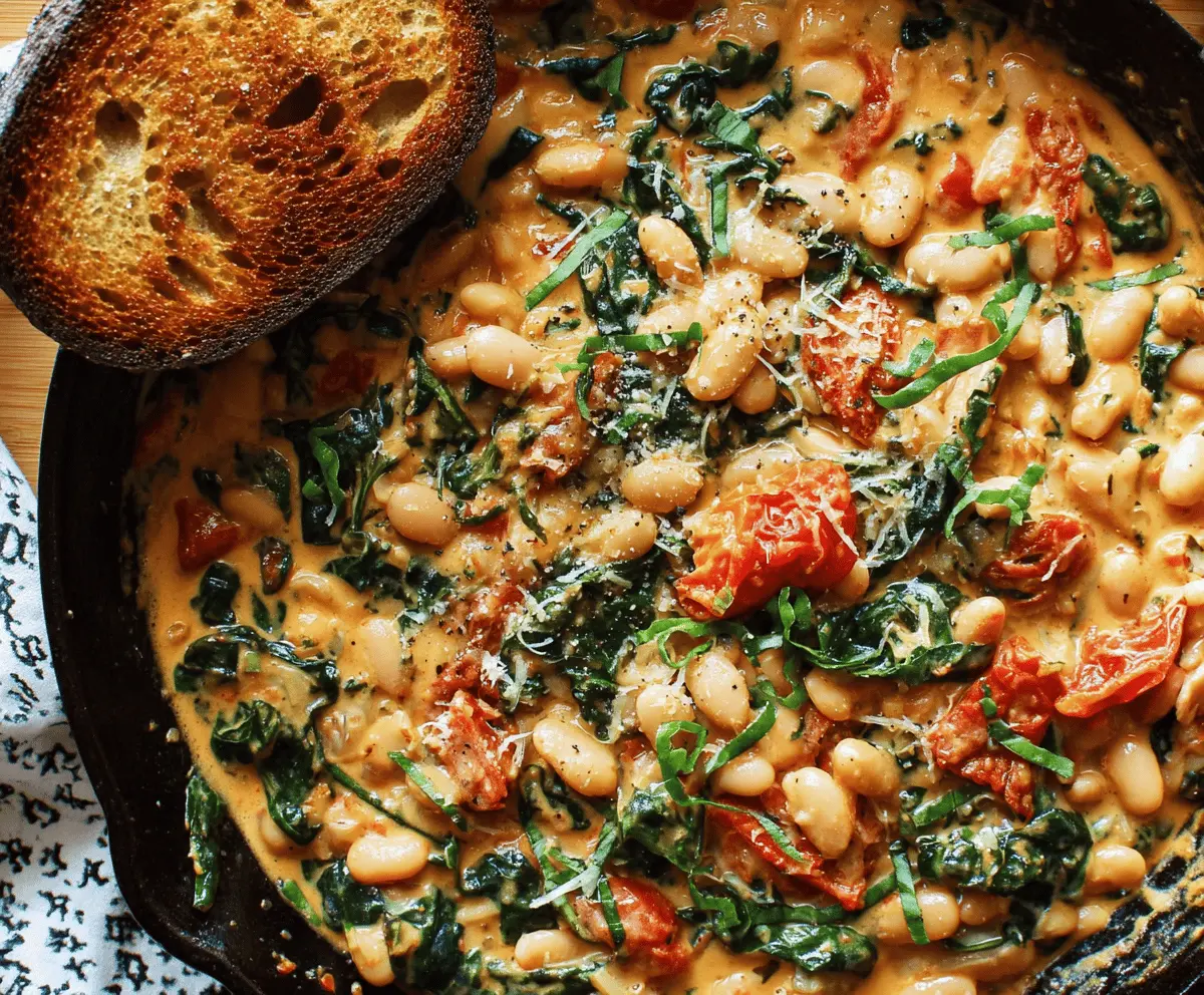 Creamy Tuscan White Bean Skillet with spinach, garlic, and sun-dried tomatoes in a skillet, topped with fresh herbs