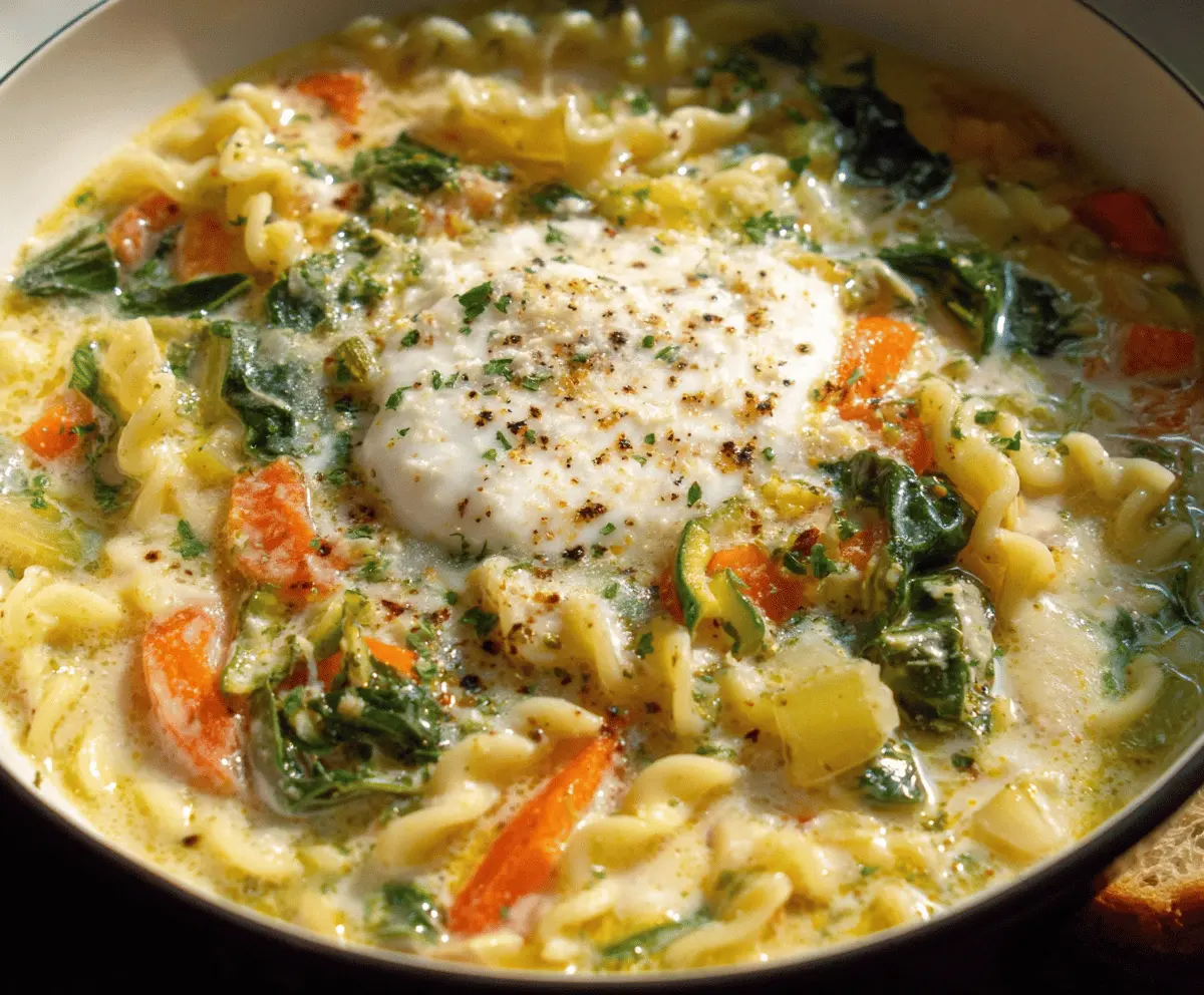 Creamy white lasagna soup with fresh vegetables in a bowl, garnished with herbs and grated cheese, perfect for a comforting meal.