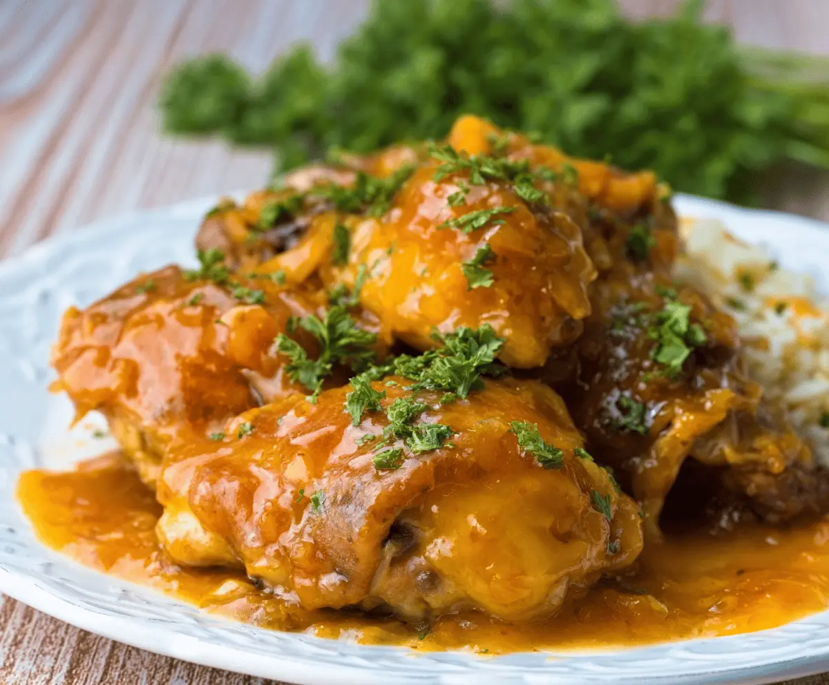 Delicious Crock Pot Apricot Chicken served with fresh vegetables on a plate.