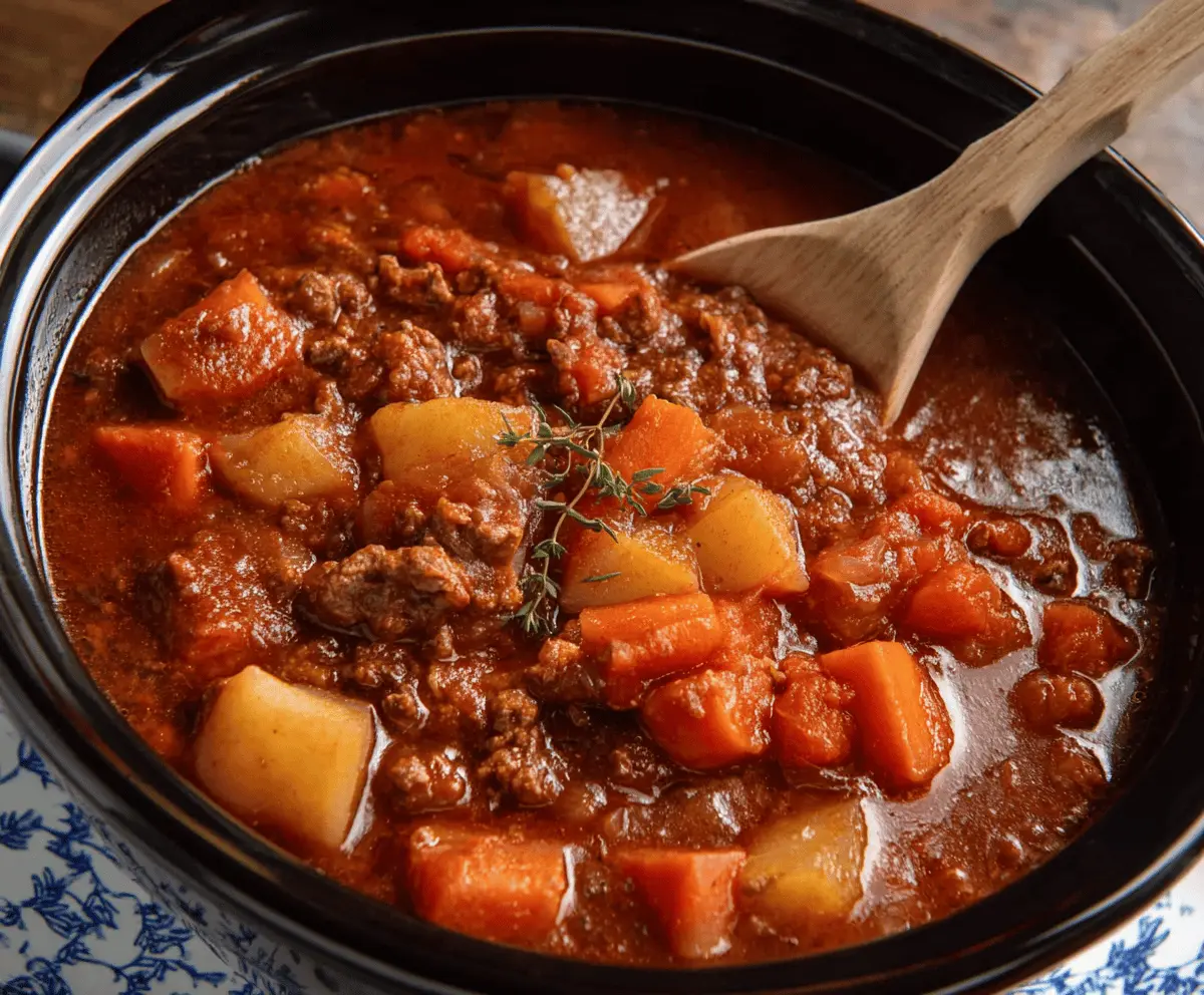 A hearty bowl of Crock Pot Poor Man's Stew featuring tender beef, potatoes, carrots, and vegetables simmered in a savory broth, served in a rustic bowl.