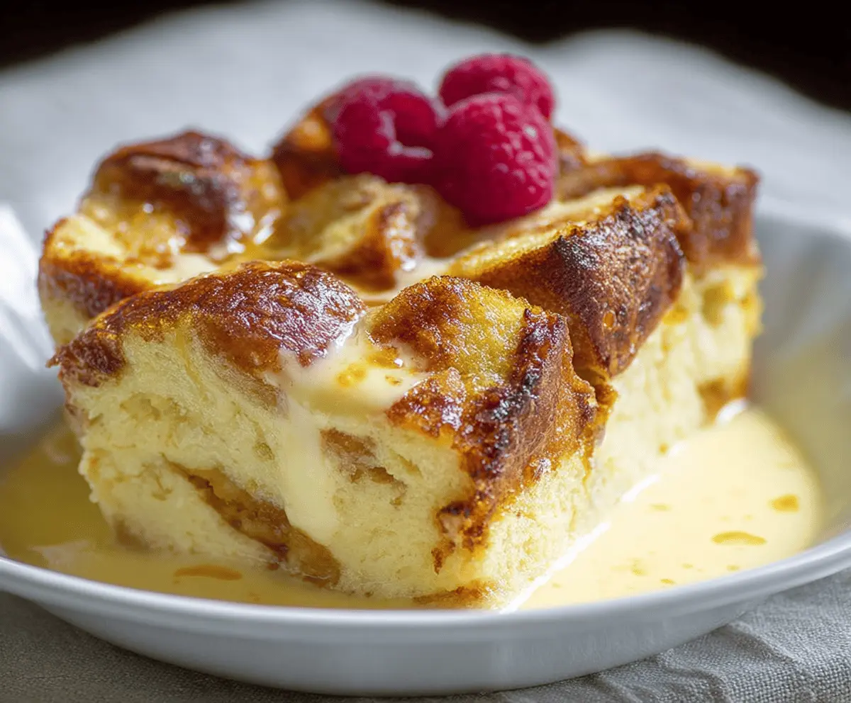 Delicious custard bread pudding topped with caramel sauce and fresh berries, served as a warm dessert