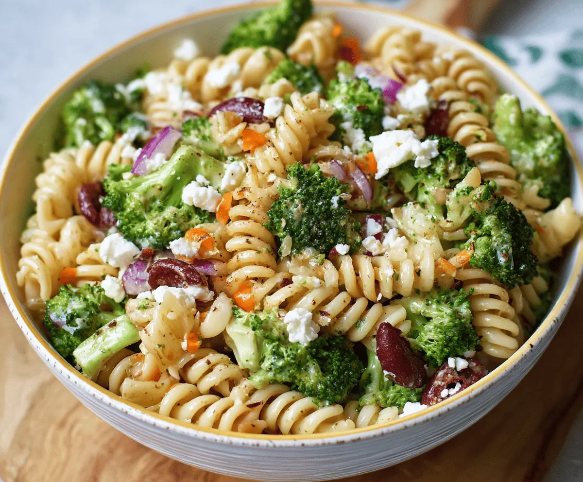 Bright and colorful easy broccoli pasta salad with fresh broccoli florets, cooked pasta, cherry tomatoes, and a light dressing, perfect for a healthy, quick meal or side dish.