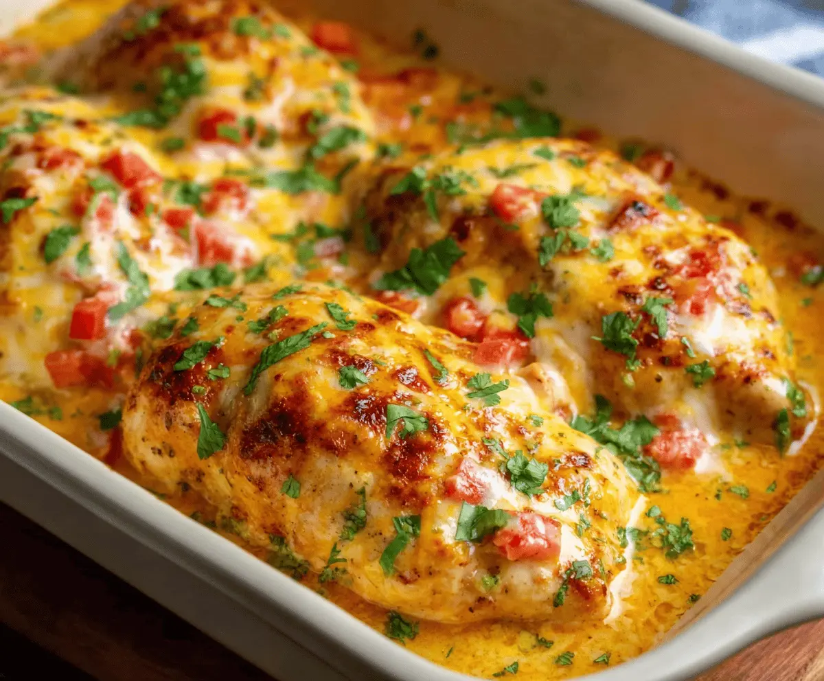 Creamy baked queso chicken served with melted cheese, fresh herbs, and vibrant side vegetables for a flavorful and hearty meal.