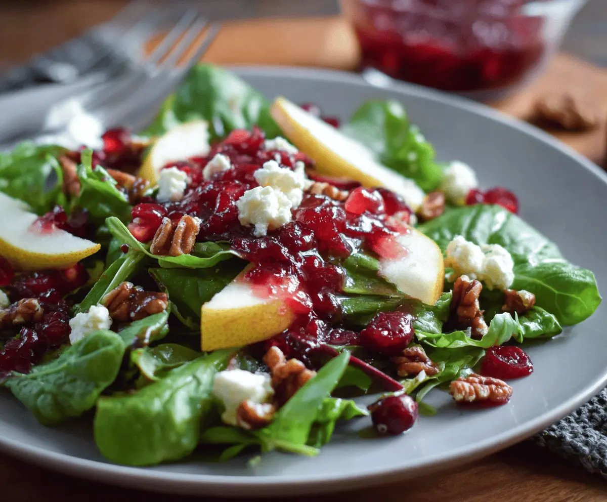 Fresh fall salad featuring mixed greens, sliced pears, cranberries, and a vibrant cranberry vinaigrette dressing.