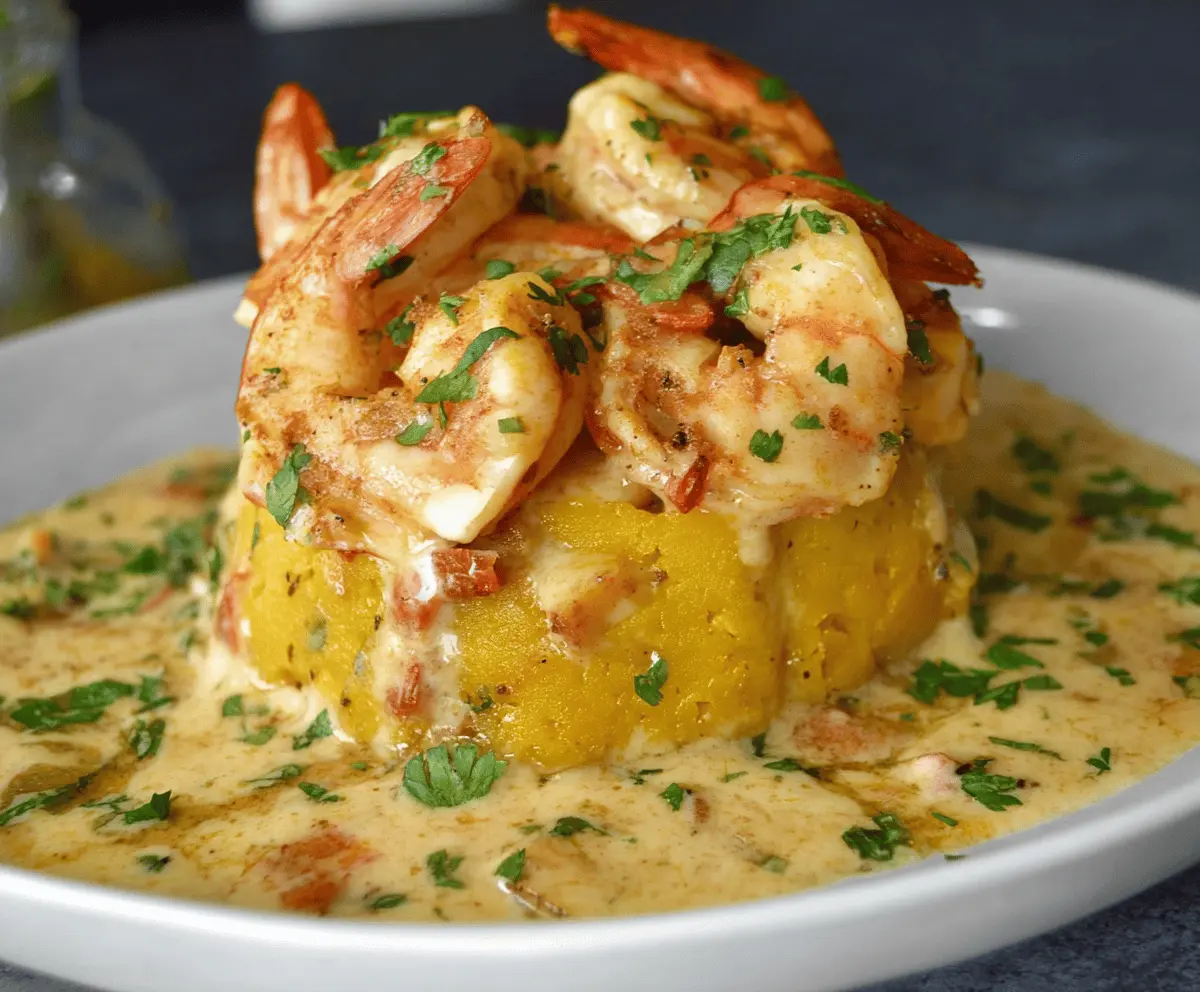 Delicious garlic shrimp served over traditional mofongo, showcasing a flavorful Puerto Rican seafood and plantain dish