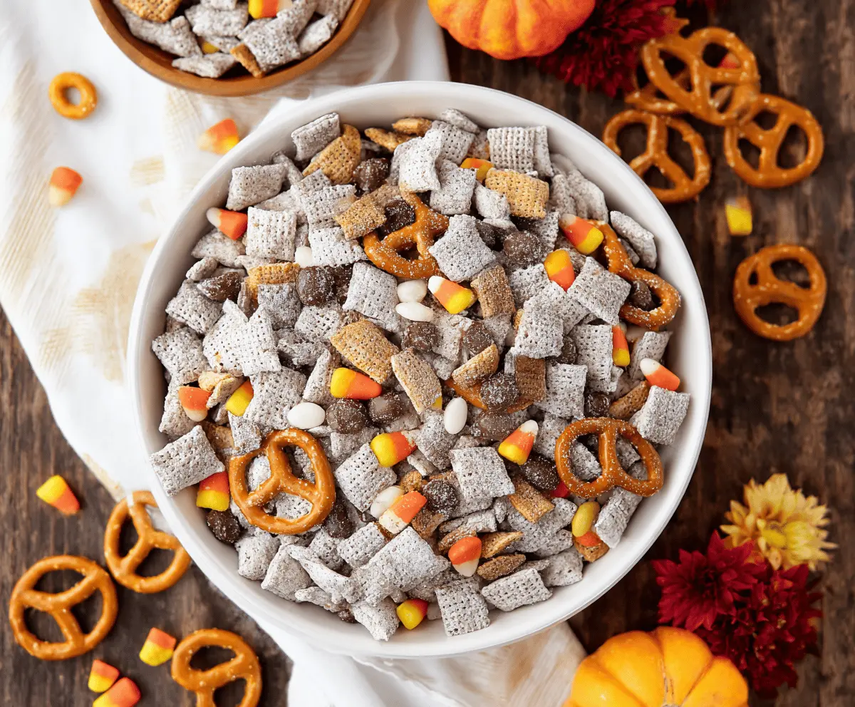 Delicious Harvest Puppy Chow with chocolate, peanut butter, and autumn-themed sprinkles in a bowl