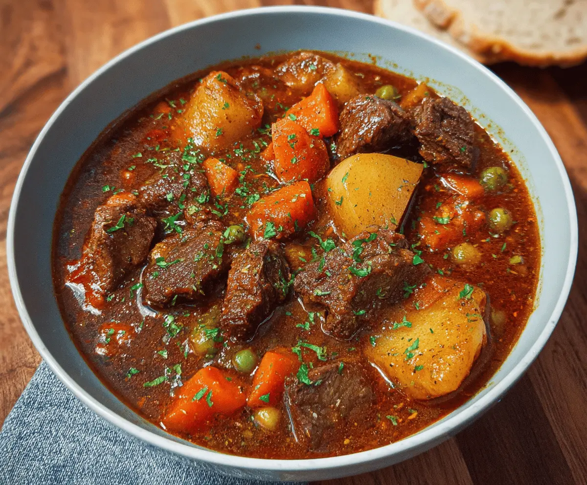A steaming bowl of hearty beef and vegetable stew with tender beef chunks, carrots, potatoes, and green beans in a flavorful broth.