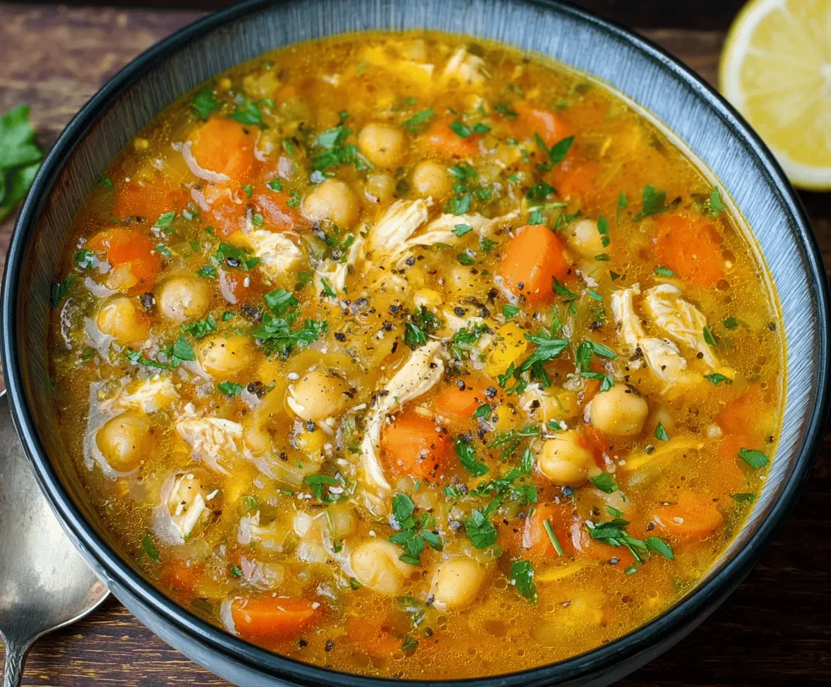 A steaming bowl of hearty chicken and chickpea soup garnished with fresh herbs, showcasing tender chicken pieces, chickpeas, and vegetables in a savory broth.