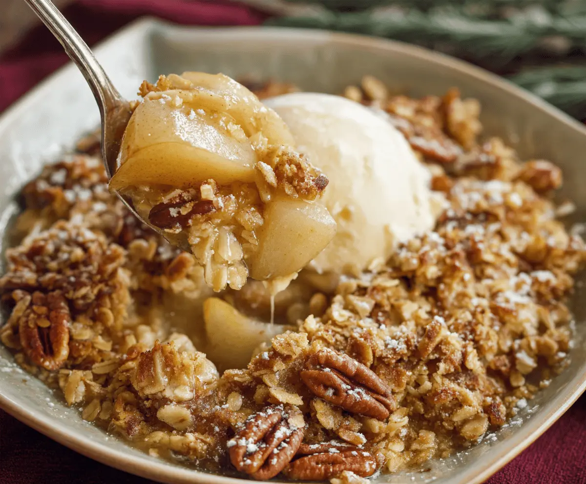 Delicious homemade Holiday Pear Crumble topped with golden, buttery crumble served in a rustic dish, perfect for festive celebrations.