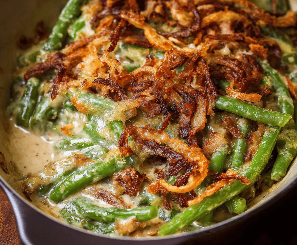 Delicious homemade green bean casserole topped with crispy fried onions, ready to serve as a savory side dish for family dinner