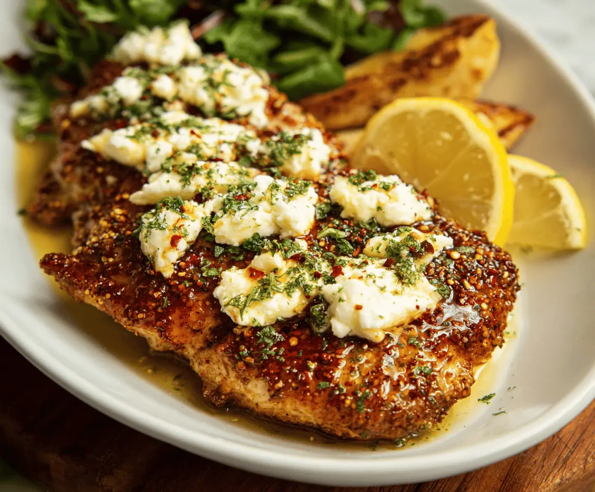 Delicious hot honey infused feta chicken served on a plate, garnished with fresh herbs and drizzled with honey for a flavorful meal