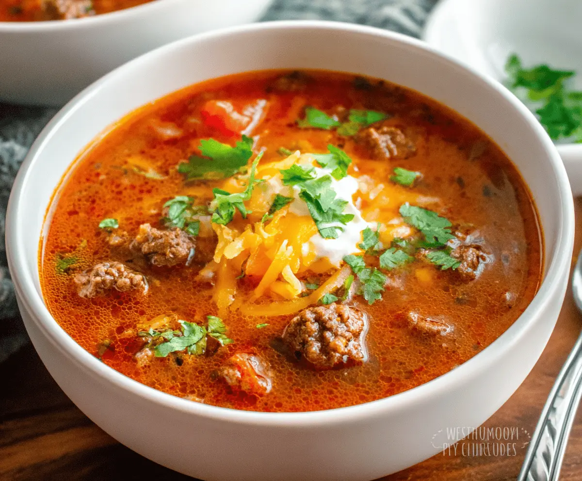 A bowl of hearty keto taco soup topped with shredded cheese, sour cream, and fresh cilantro, served with tortilla chips on the side.
