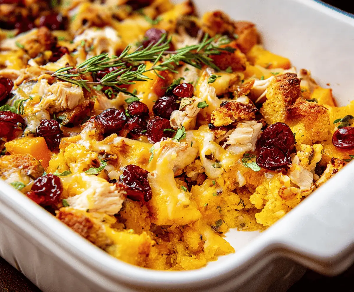 Delicious leftover Thanksgiving casserole with layers of turkey, stuffing, and vegetables in a baked dish