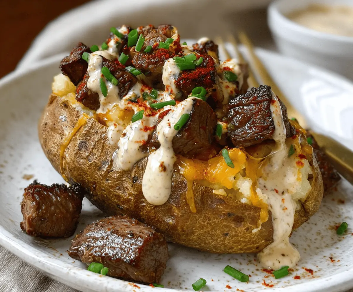 Creamy loaded baked potato topped with juicy steak bites, melted cheese, sour cream, and fresh herbs, perfect for a hearty meal.