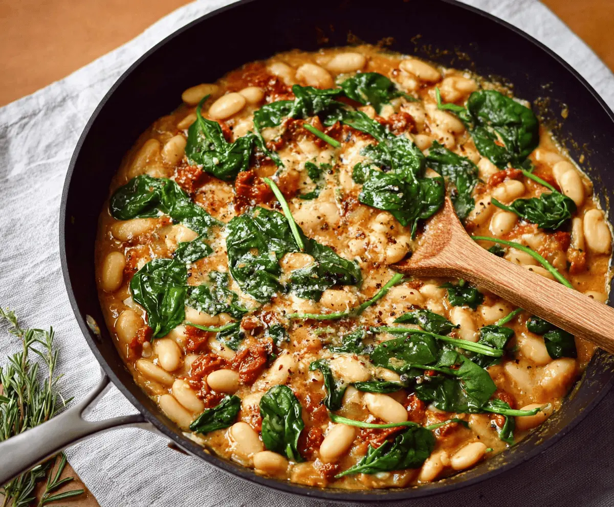 Creamy Marry Me White Bean and Spinach Skillet recipe featuring fresh spinach, white beans, garlic, and herbs in a delicious, hearty skillet dish