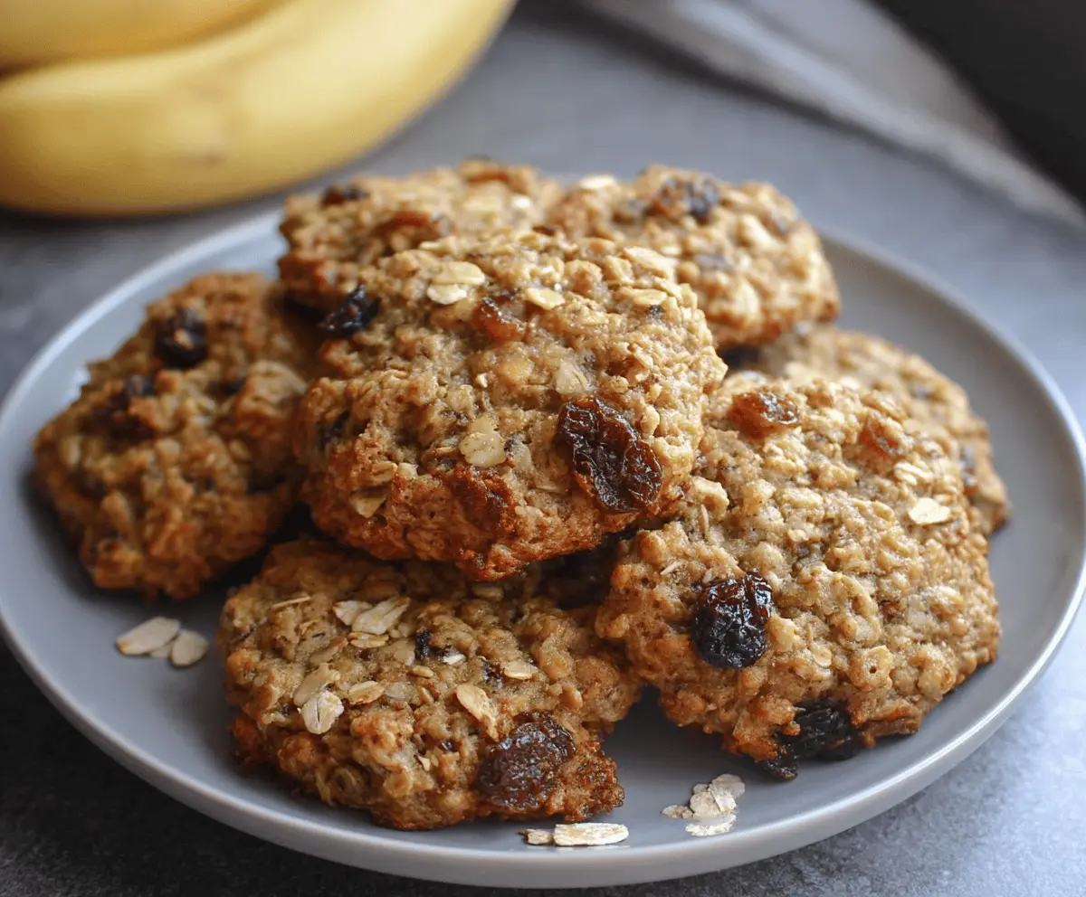 Delicious homemade banana oatmeal raisin cookies with a chewy texture on a baking tray.