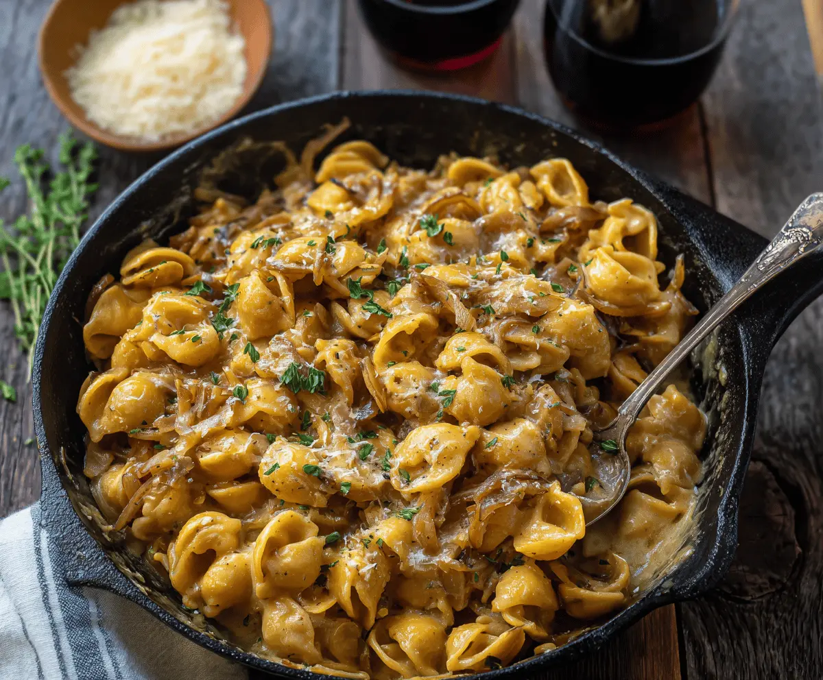 Creamy One Pot French Onion Pasta topped with melted cheese and caramelized onions in a rustic bowl, ready to serve