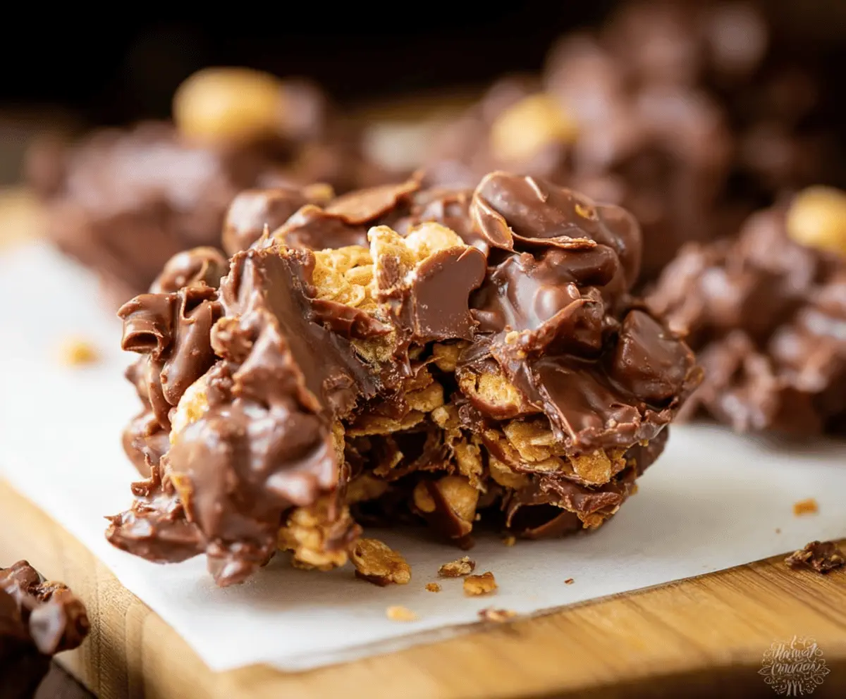 Delicious homemade peanut butter chocolate corn flakes clusters on a white plate, featuring crispy corn flakes coated in creamy peanut butter and rich chocolate