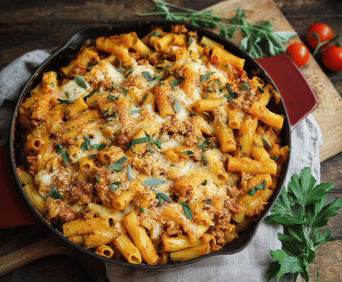 Delicious pumpkin and sausage pasta bake topped with melted cheese, served in a baking dish ready to enjoy