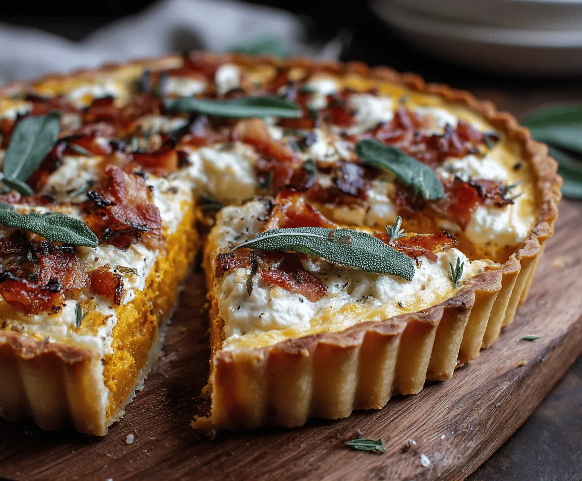 Delicious Pumpkin, Ricotta, and Caramelized Onion Tart topped with crispy Bacon and fresh Sage, perfect for a savory autumn meal