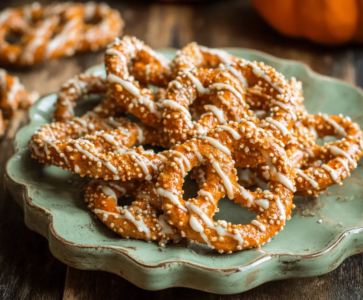 Golden-brown pumpkin spice pretzels topped with cinnamon sugar, perfect for fall snacking and holiday gatherings.