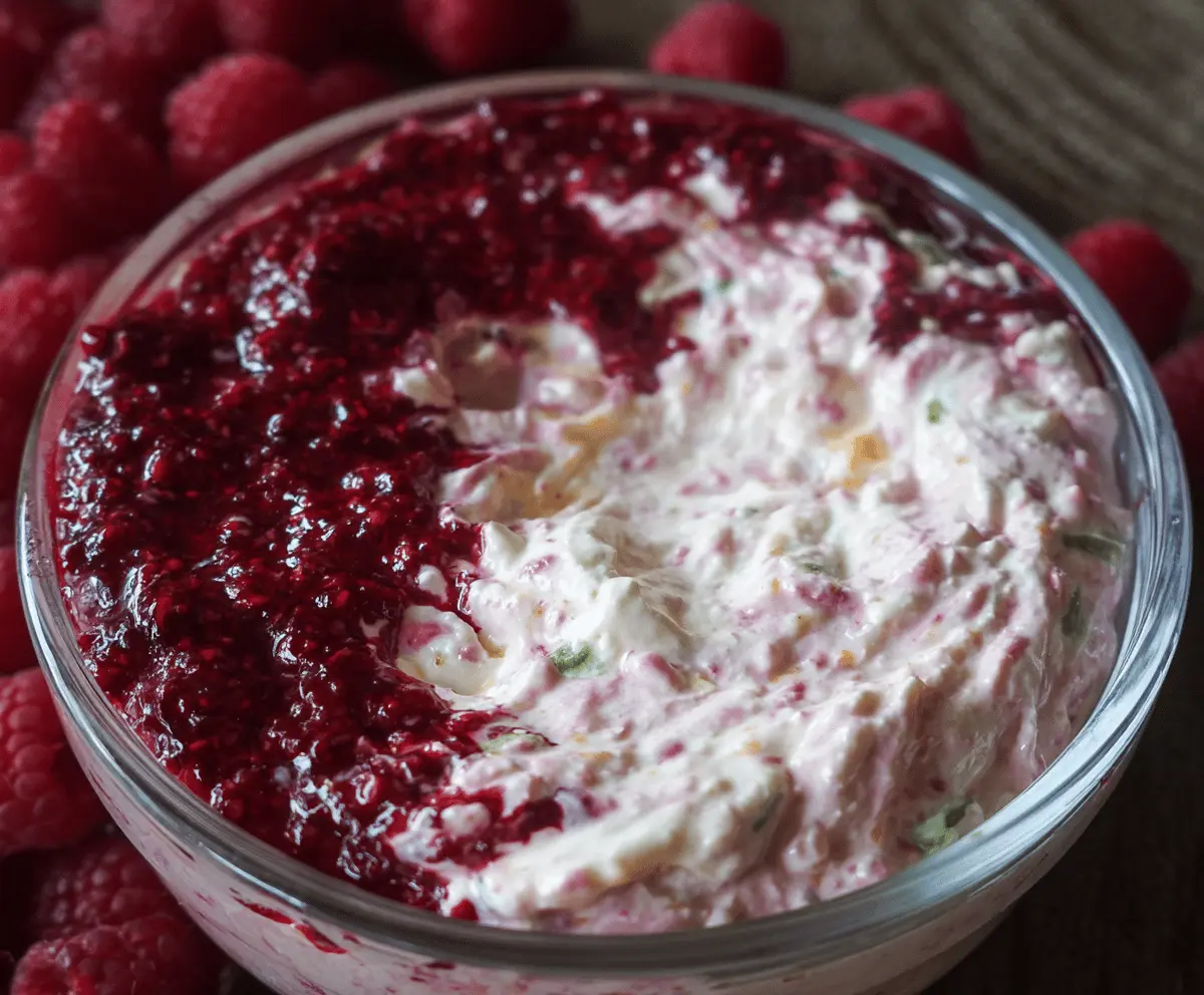 Creamy raspberry dip served with fresh fruit, perfect for dipping and snacking