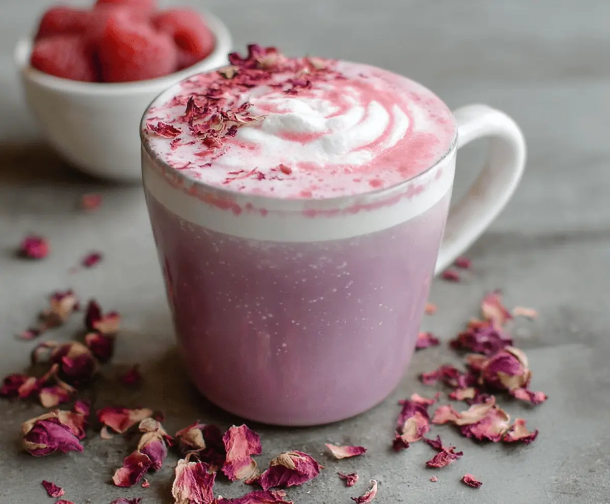 Creamy Raspberry Hibiscus Latte topped with fresh raspberries and dried hibiscus flowers in a clear glass mug.