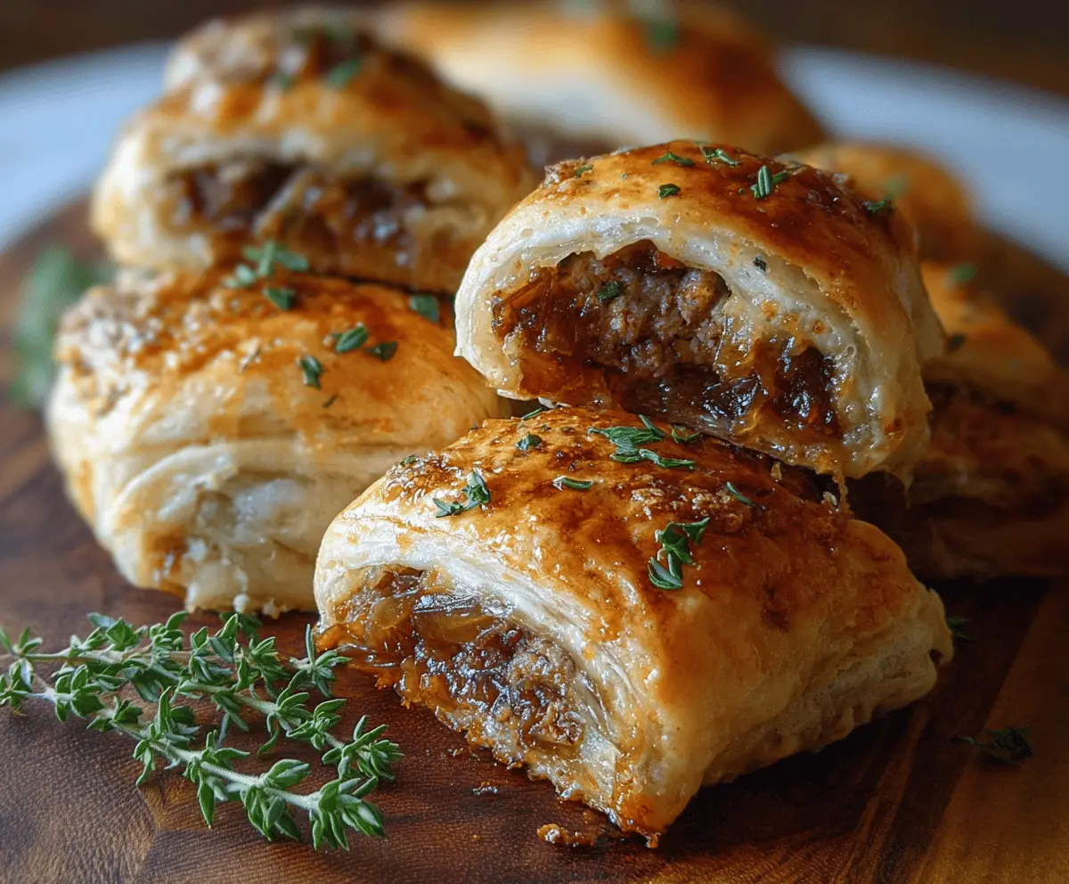 Golden-brown French onion sausage rolls topped with caramelized onions and flaky pastry, perfect for appetizers or snacks.