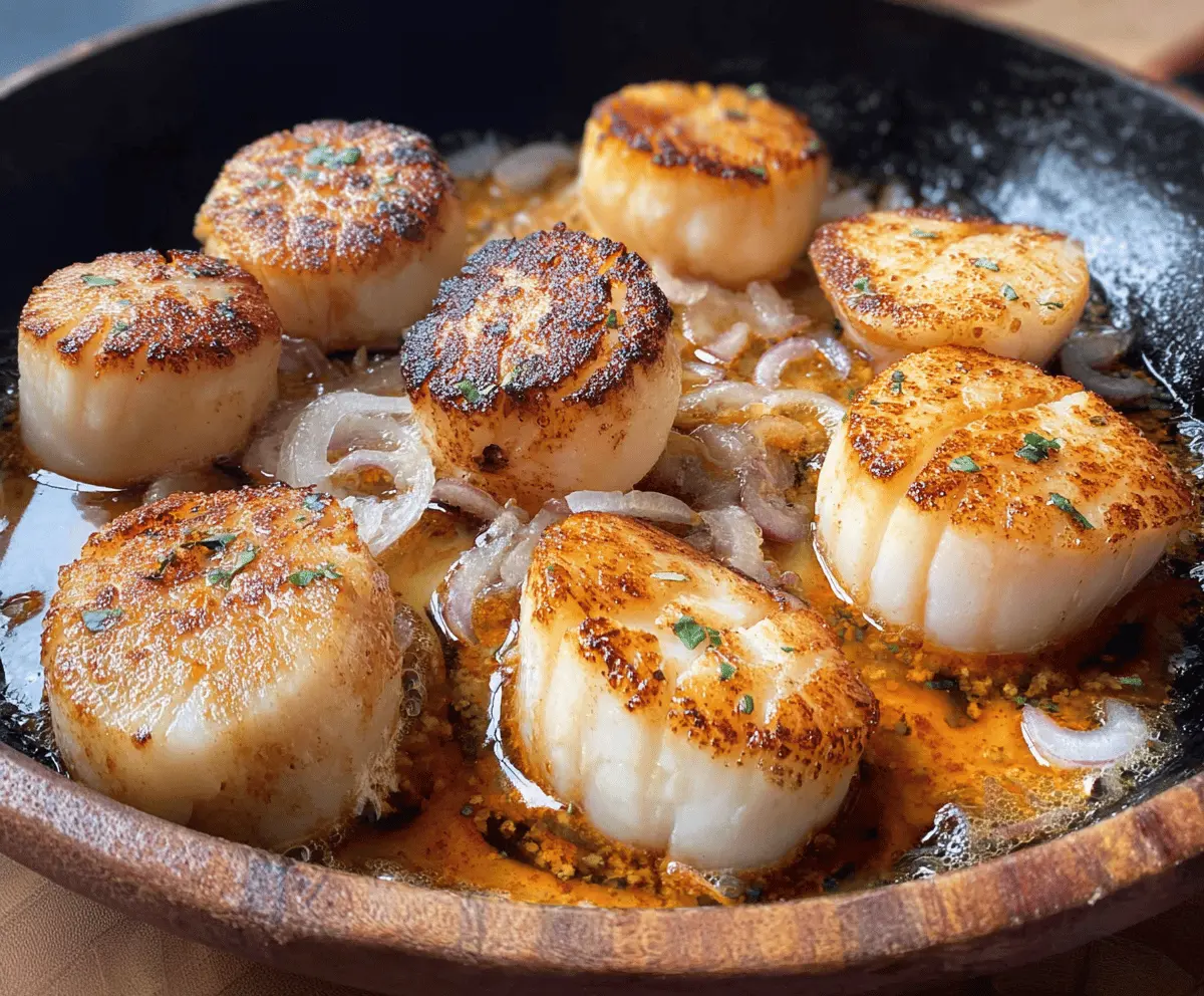Fresh, perfectly seared sea scallops served on a plate, showcasing their golden-brown crust and tender, juicy interior, ideal for a delicious seafood dish.