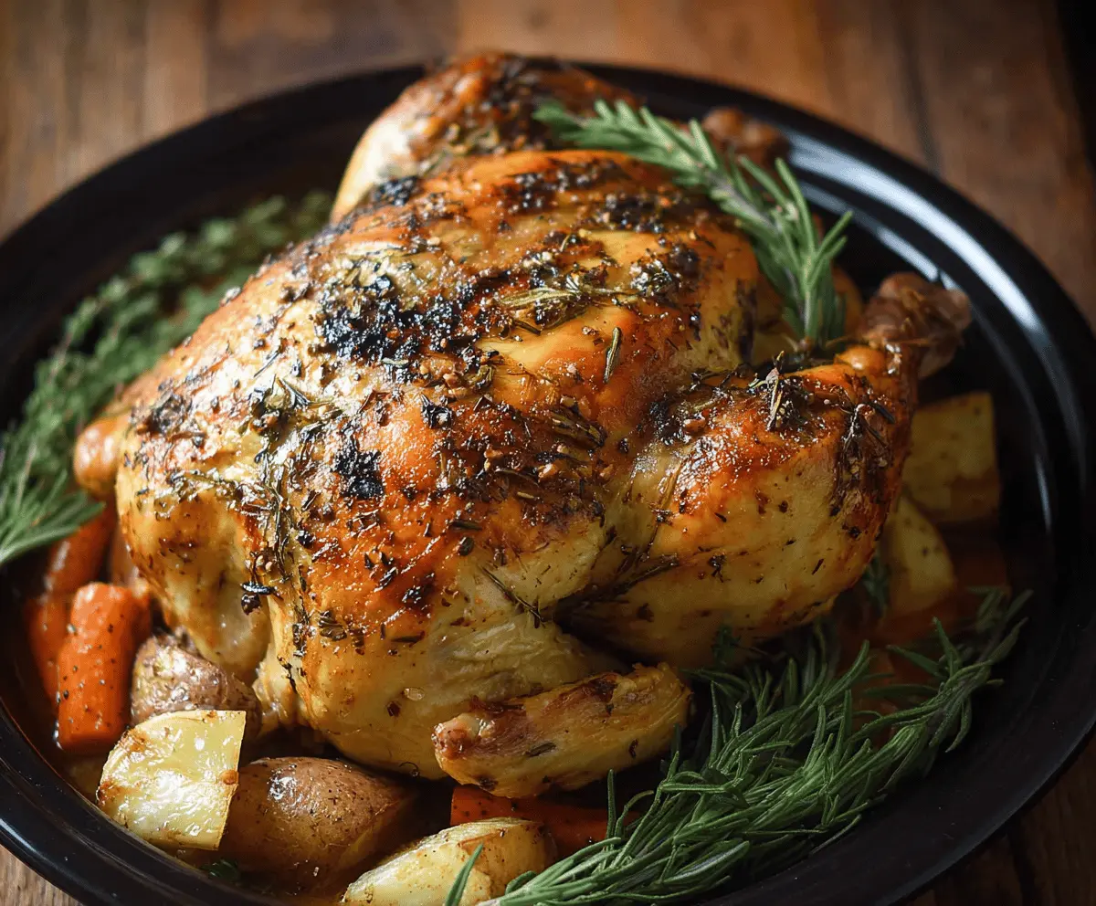 Juicy slow cooker whole chicken seasoned with fresh herbs on a rustic wooden table.