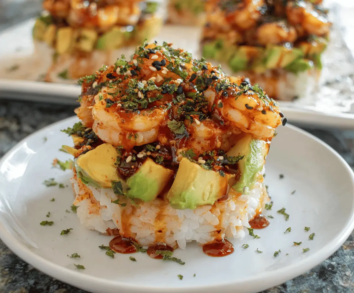 Delicious spicy shrimp sushi stacks with fresh avocado, cucumber, and sesame seeds on a white plate, perfect for sushi lovers