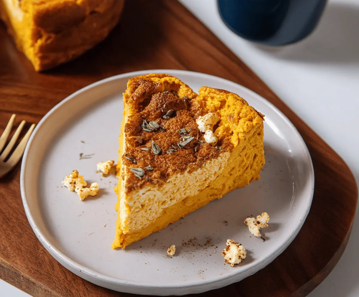 Delicious high-protein cottage cheese pumpkin bake topped with fresh herbs, served on a plate for a healthy, flavorful meal.