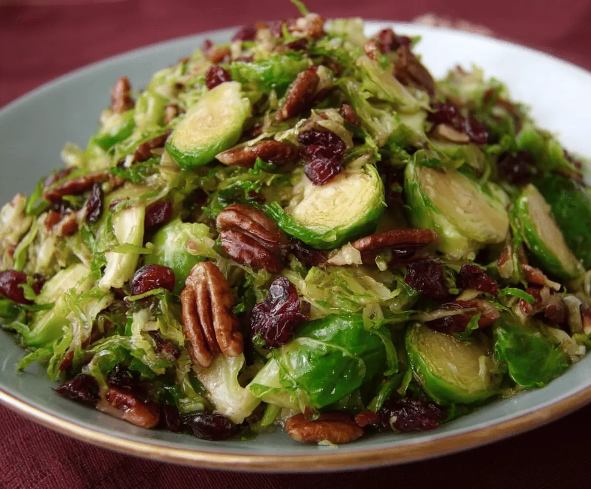 Delicious Brussels sprouts dish topped with pecans and cranberries by Alton Brown.